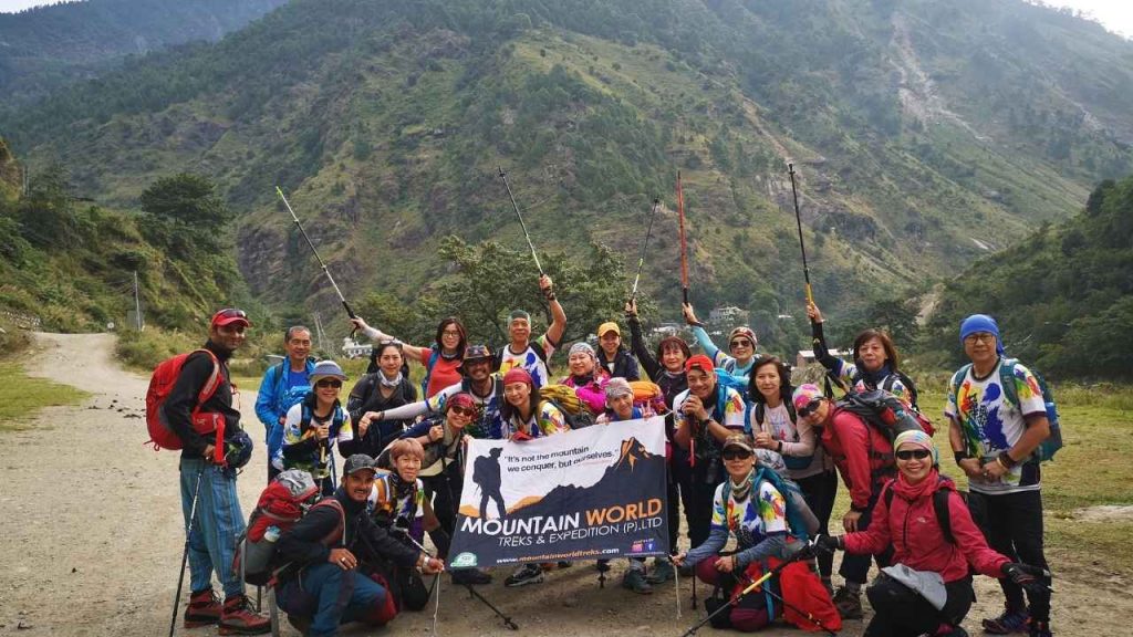 Trekking group posing together before starting the Langtang Gosainkunda Lake Trek