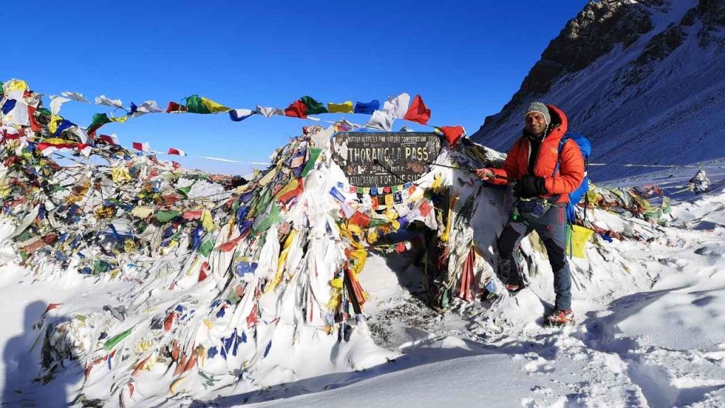 Trekker at Thorong La Pass 5,416m during the Annapurna Circuit Trek
