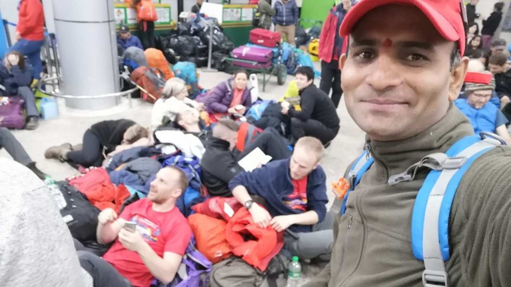 Trekkers waiting at Kathmandu airport due to Lukla flight delays on the Everest Base Camp trek