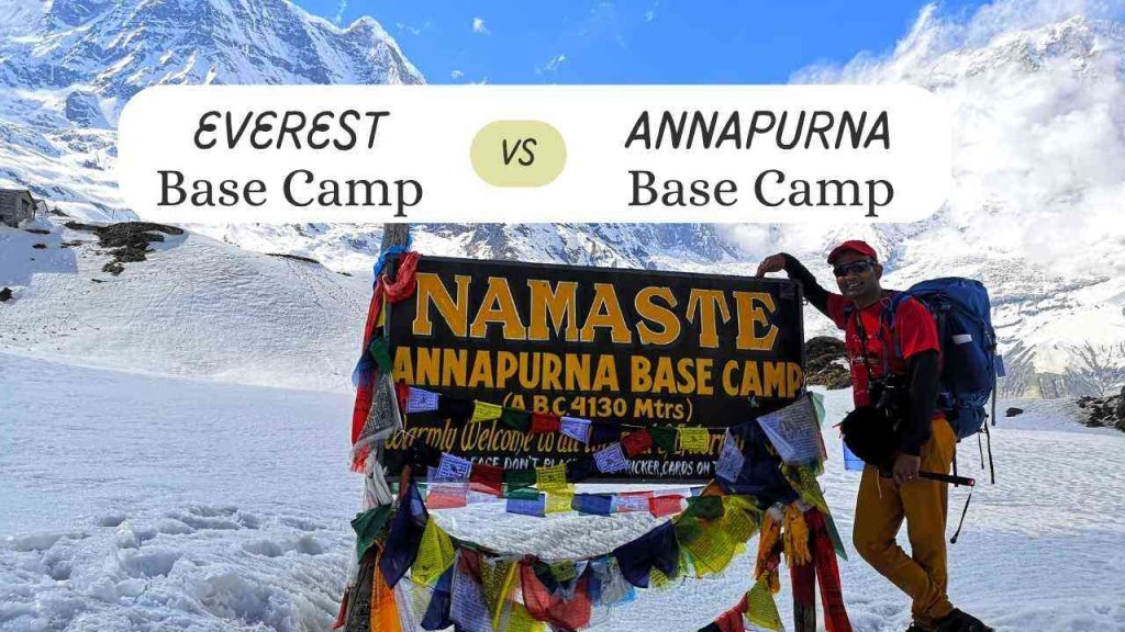 Trekker at Annapurna Base Camp signboard 4130m with snow-capped Annapurna range in background